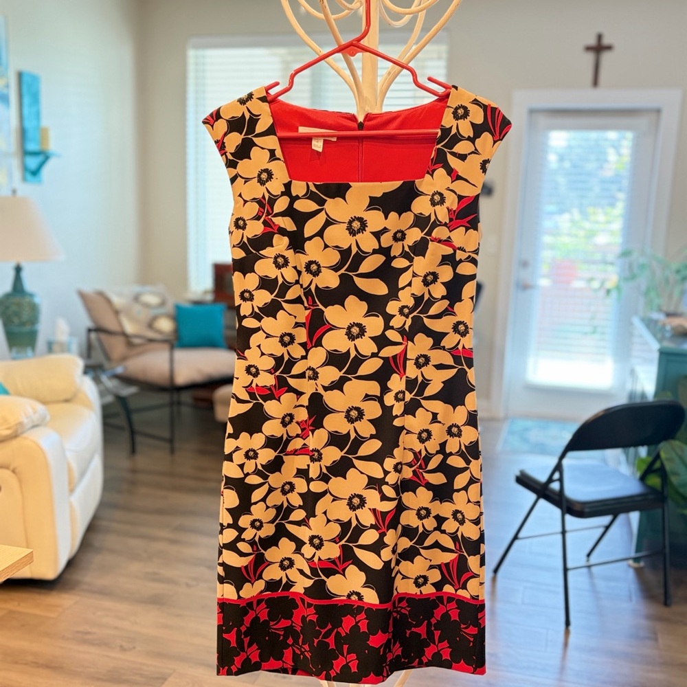 London Times Women’s Floral Sheath Dress in Black, Cream & Red Size 4